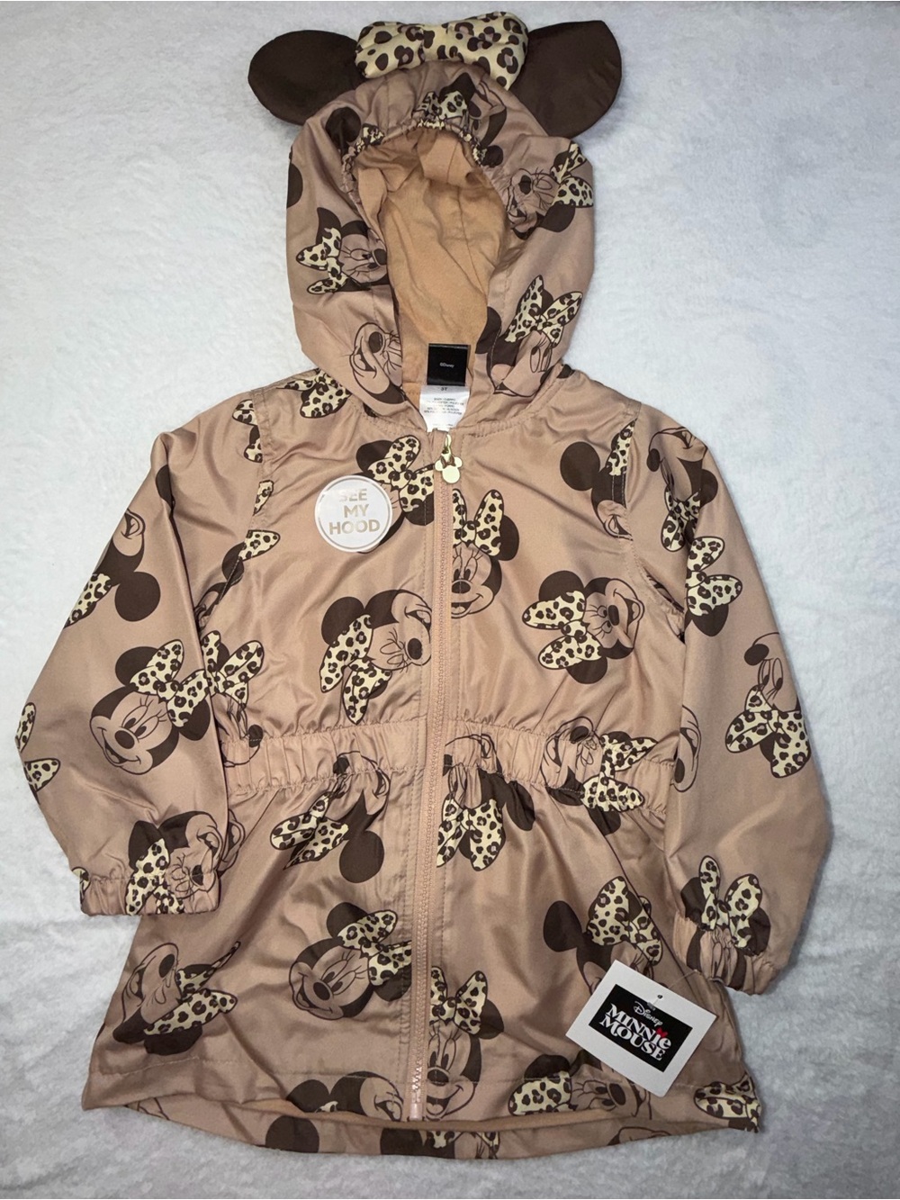 Disney Minnie Mouse Beige Hooded Raincoat with Leopard Bows